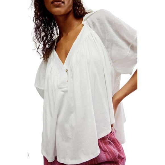 We The Free People White Sunray Babydoll Top Cotton+ Oversized Boho Size Small - Picture 1 of 3